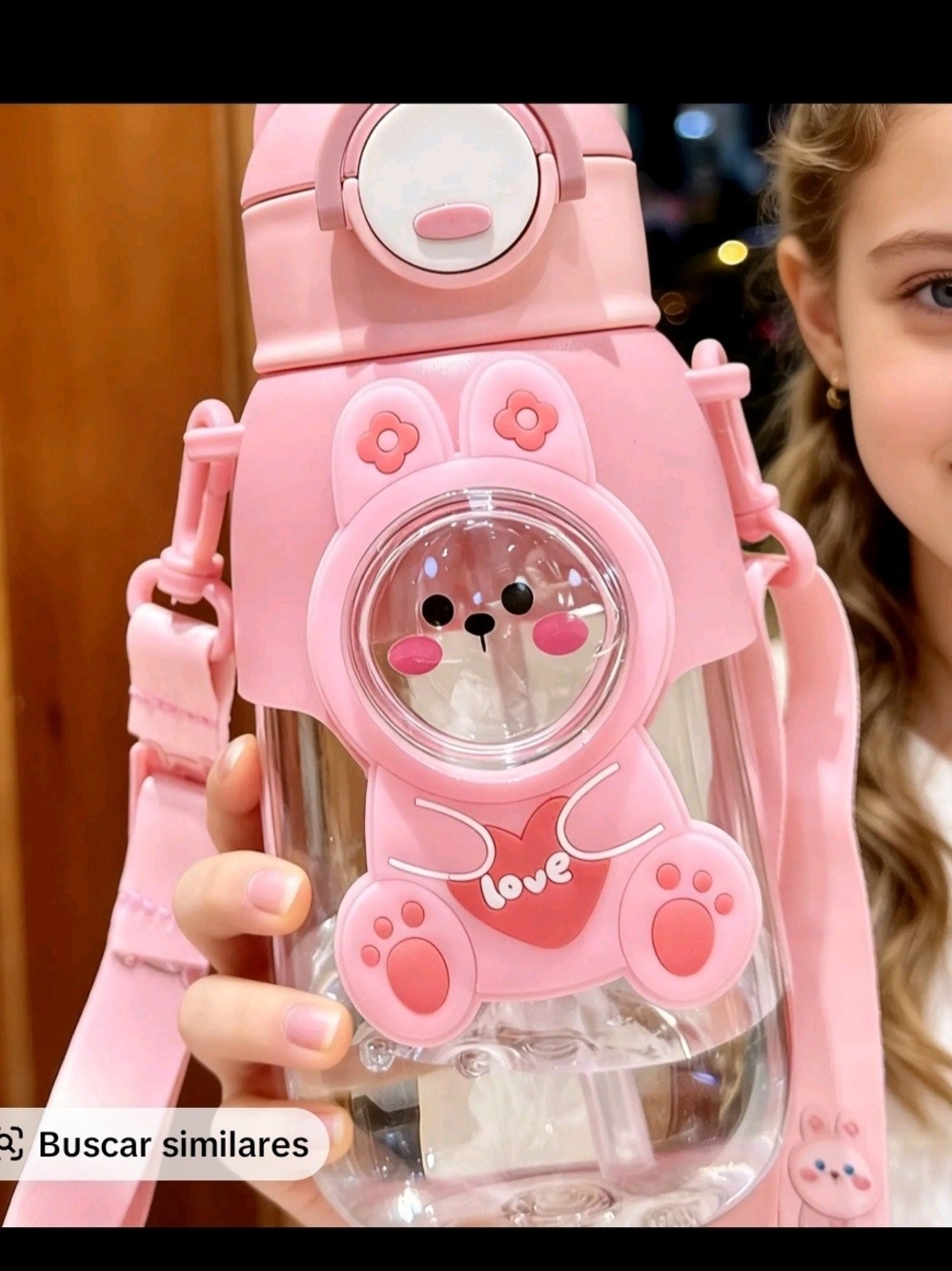 Kids Pink Bunny Water Bottle with Strap